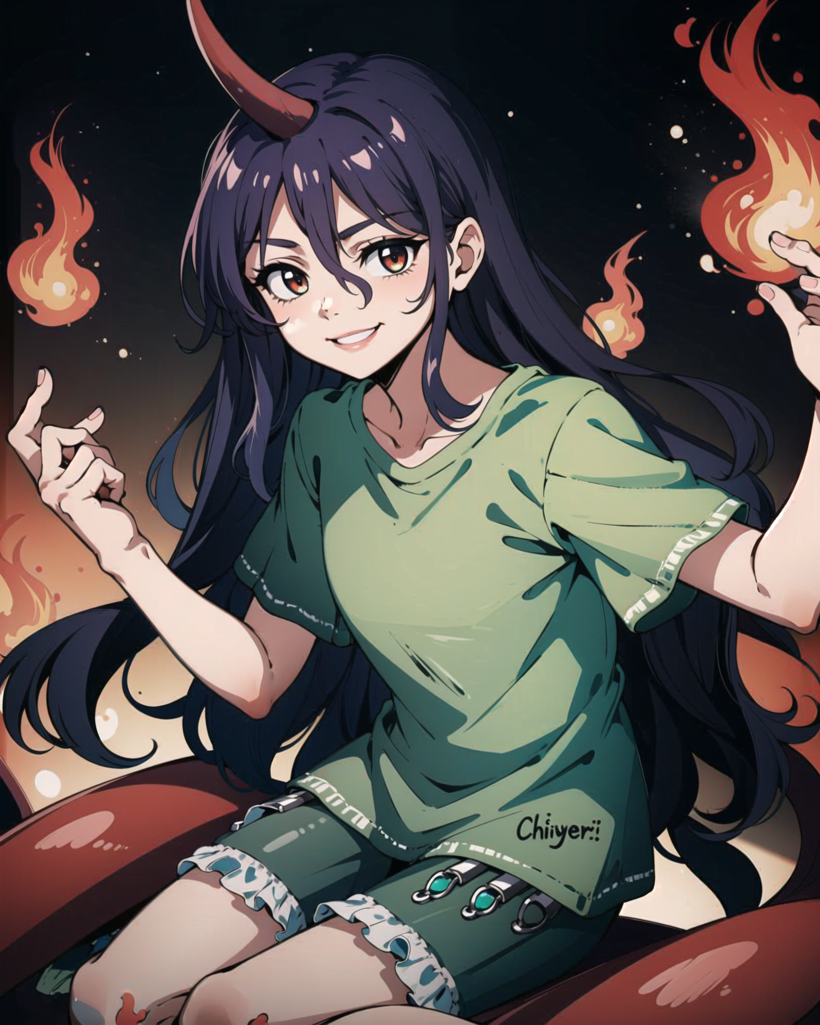 01457-4119735303-1girl, chiyari tenkajin, shirt,green shirt, shorts, fire, looking at viewer, smile, solo, _lora_chiyari_tenkajin-07_1_, masterpi.png